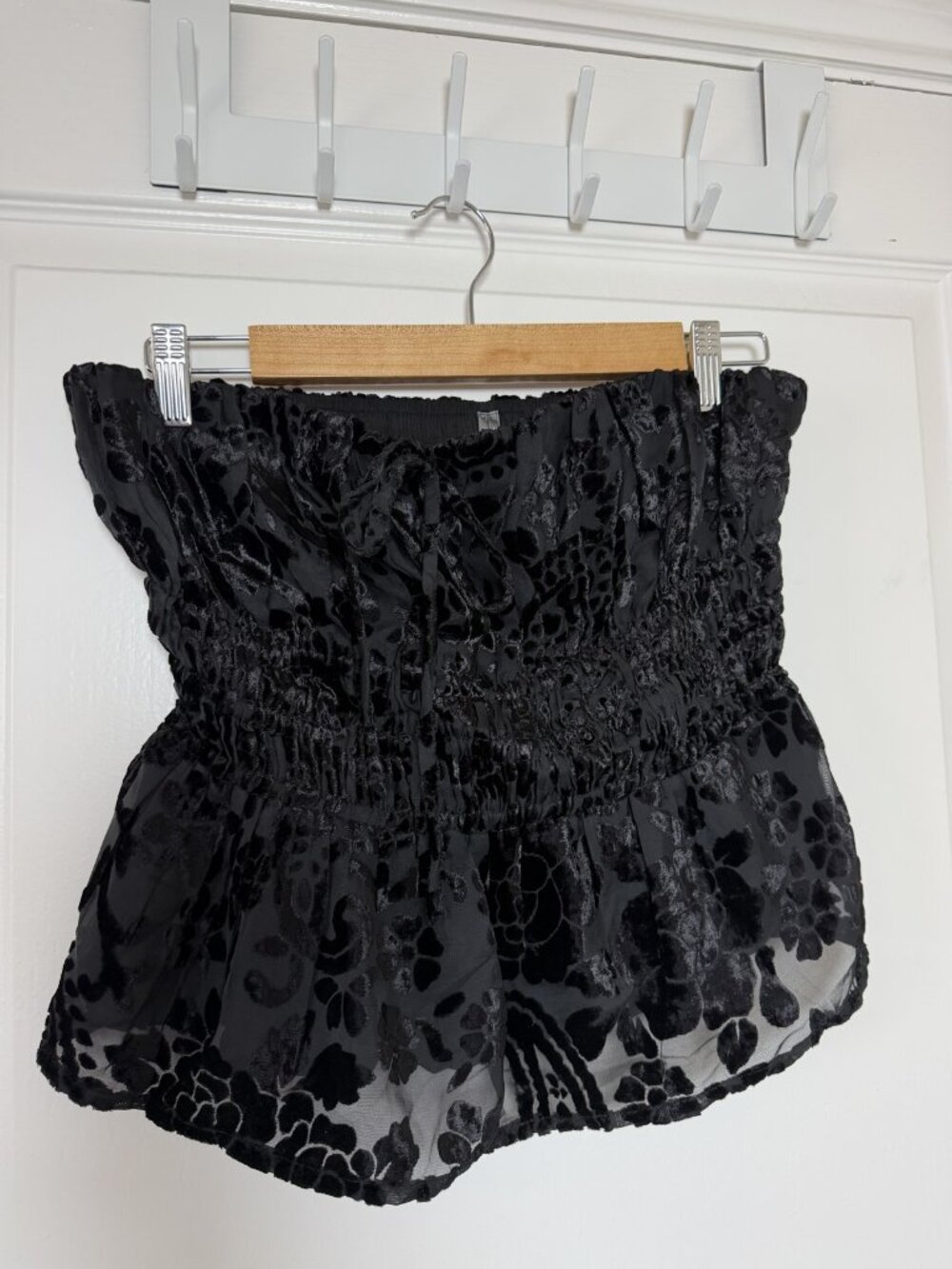 Anthropologie Burnout Velvet Smocked Strapless Peplum Top Black Tie Front S